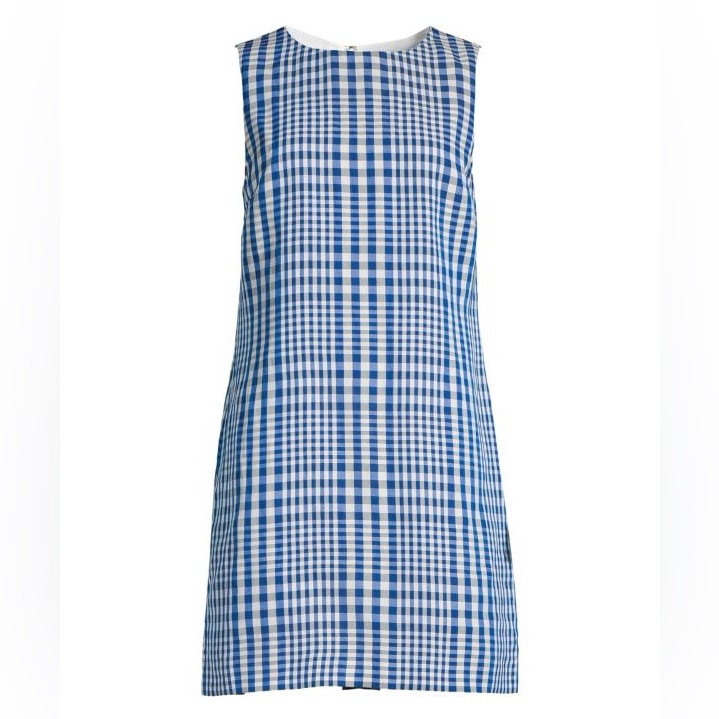Theory Easy Checked Shift Dress Plaid Linen Blend Blue/White Sleeveless 4 Nwot